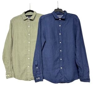 Charles Tyrwhitt Lot of 2 Shirt Men M Blue Green Slim Fit 100% Linen Button Down